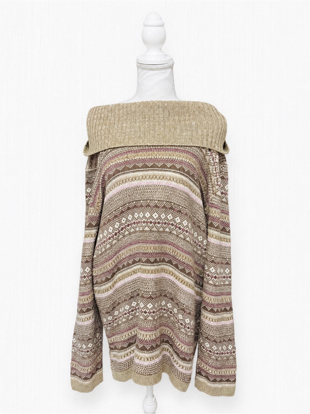 Northern Reflections Off-the-Shoulder Striped Knit Sweater in Beige and Mauve